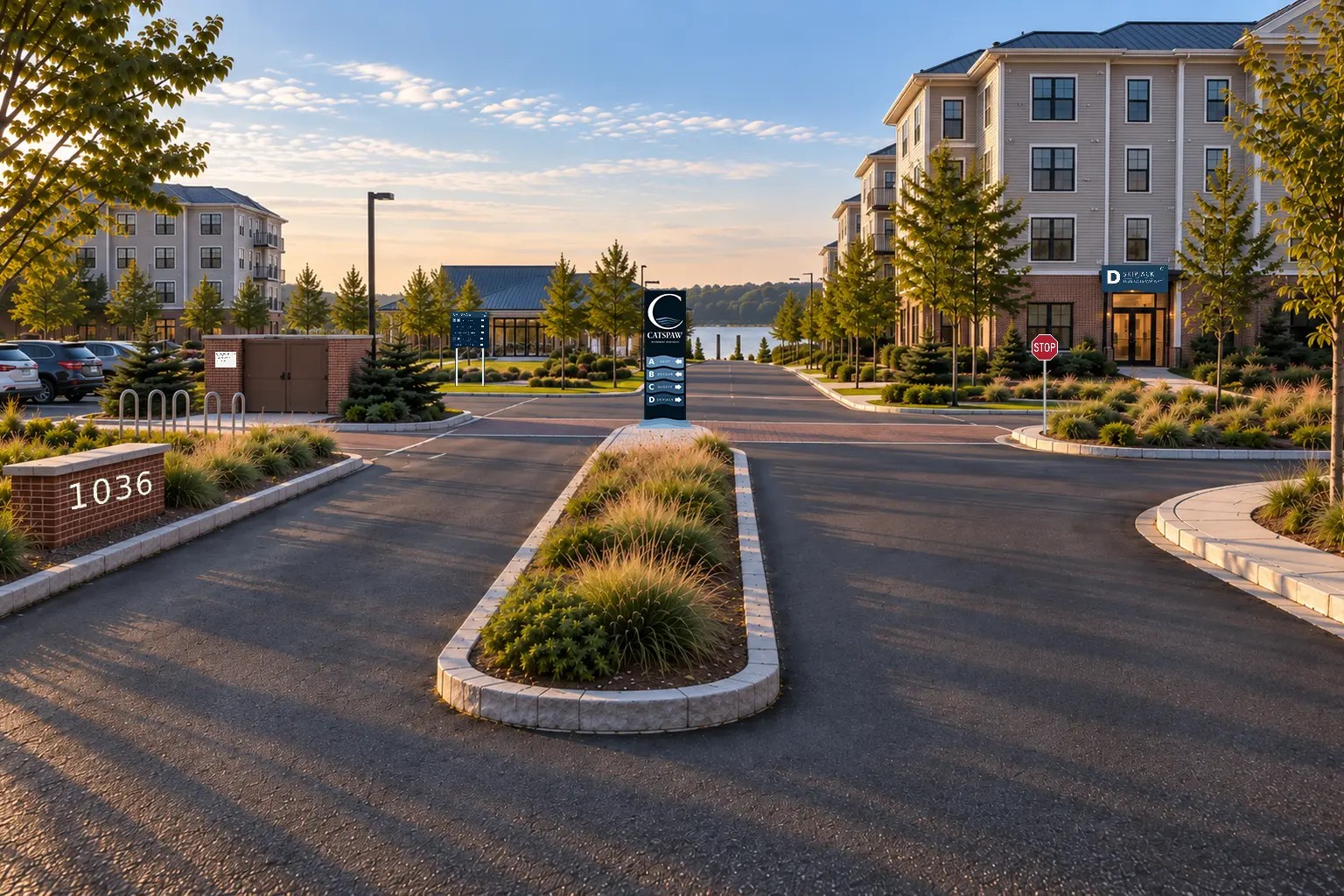 Catspaw waterfront apartment community entry drive at dusk with its complete wayfinding system